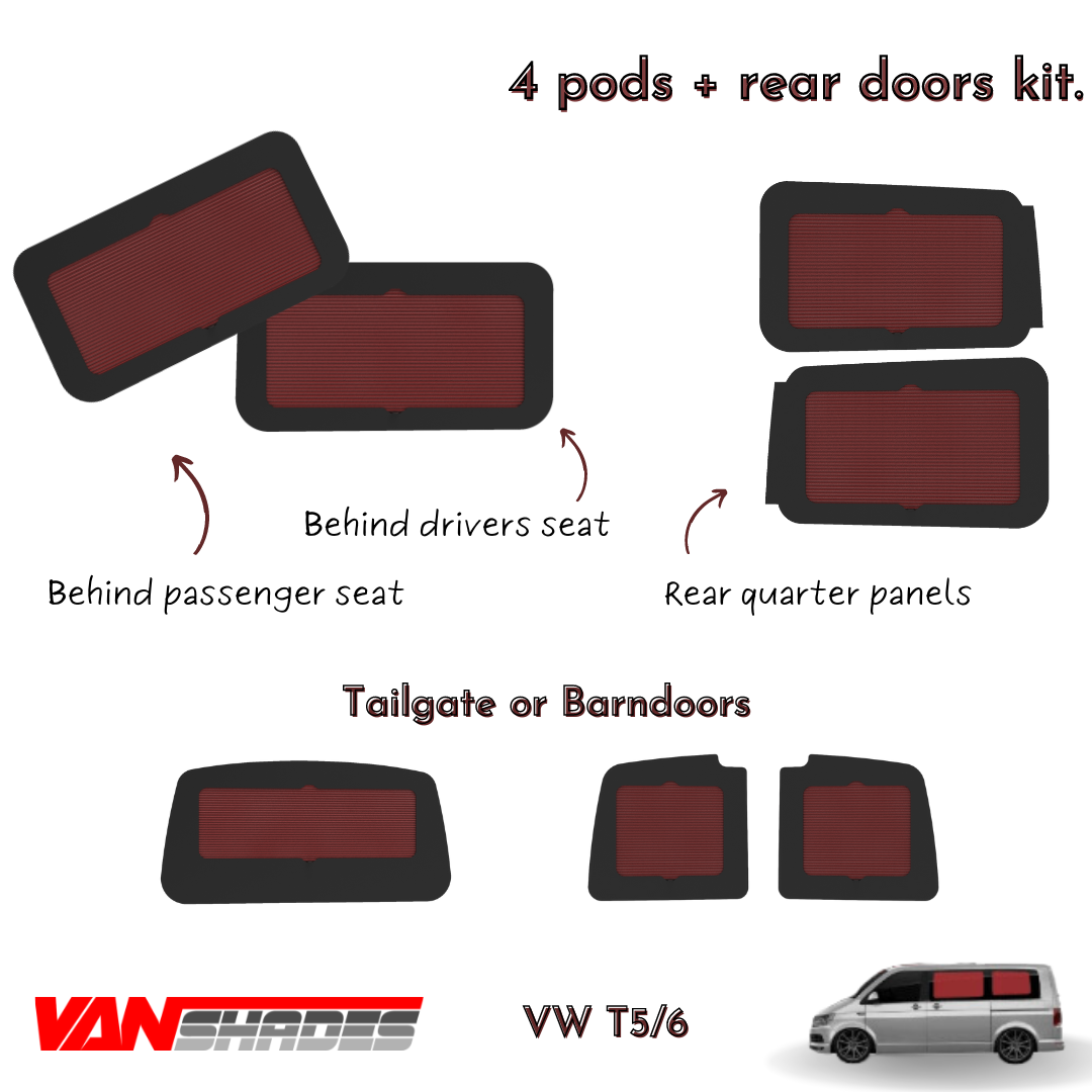Window Pods VW T5/6 - Vanshades - 4 Window Pods® + Rear Door Kit – Seaside Campers